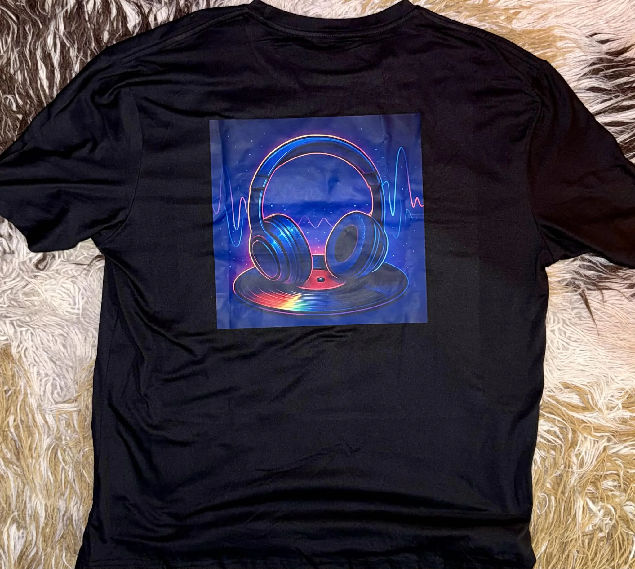 Men's Black T-Shirt Logo front - Headphones back - Image 2